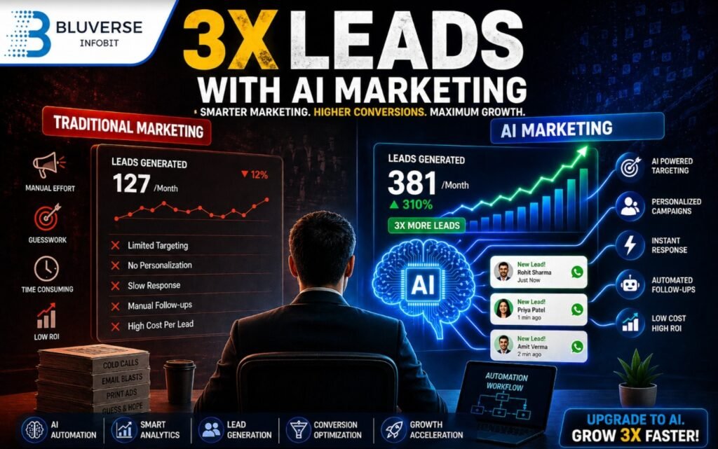 AI-powered digital marketing dashboard showing 3X lead growth compared to traditional marketing, with automation, analytics, and real-time lead generation visuals