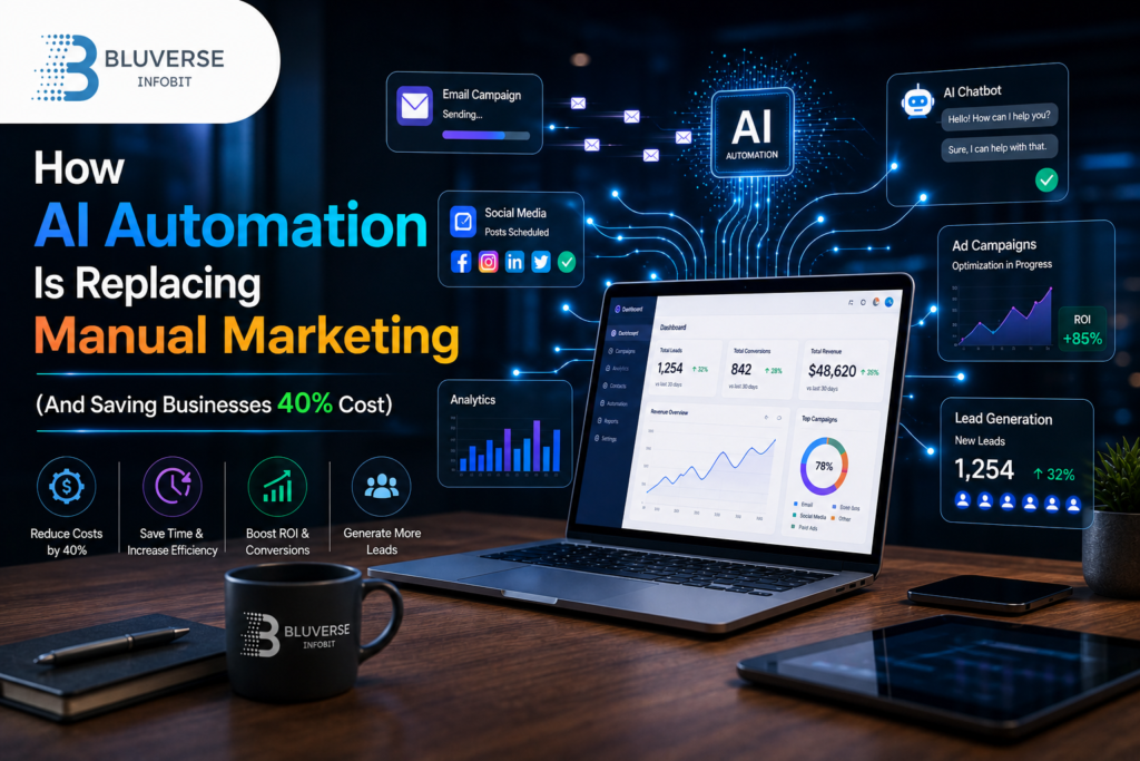 AI automation marketing dashboard with laptop showing analytics, lead generation growth, email campaigns, social media automation, and Bluverse Infobit branding highlighting 40% cost reduction and improved ROI