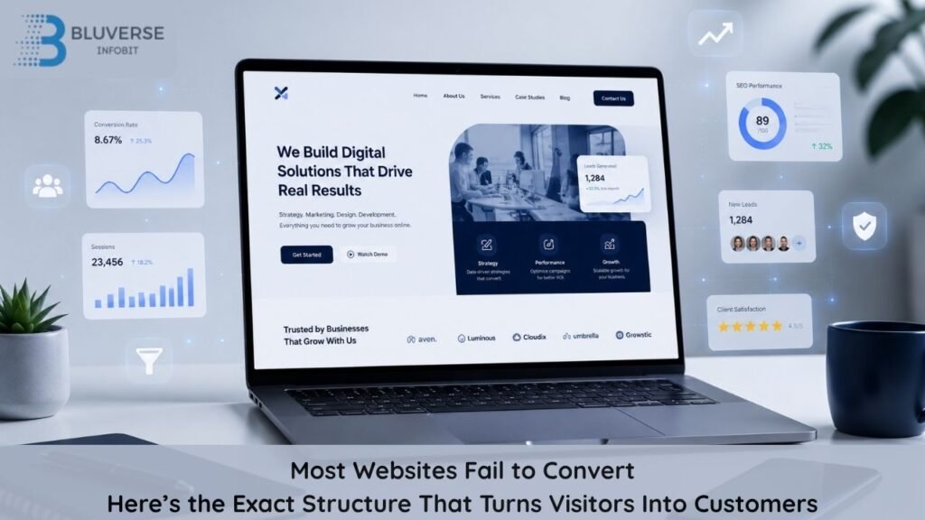 Minimal digital marketing workspace featuring a laptop with a high-converting website layout, SEO analytics dashboards, lead generation metrics, and Bluverse Infobit branding for a website conversion optimization blog banner.