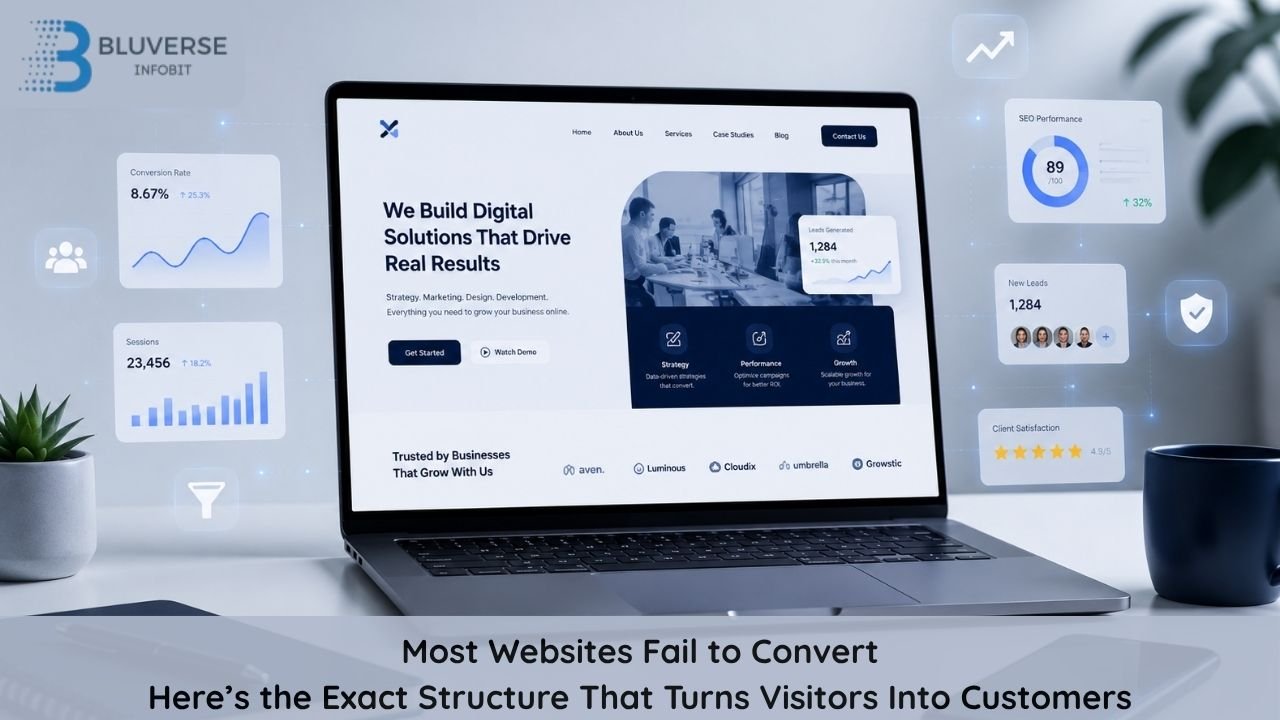 Minimal digital marketing workspace featuring a laptop with a high-converting website layout, SEO analytics dashboards, lead generation metrics, and Bluverse Infobit branding for a website conversion optimization blog banner.