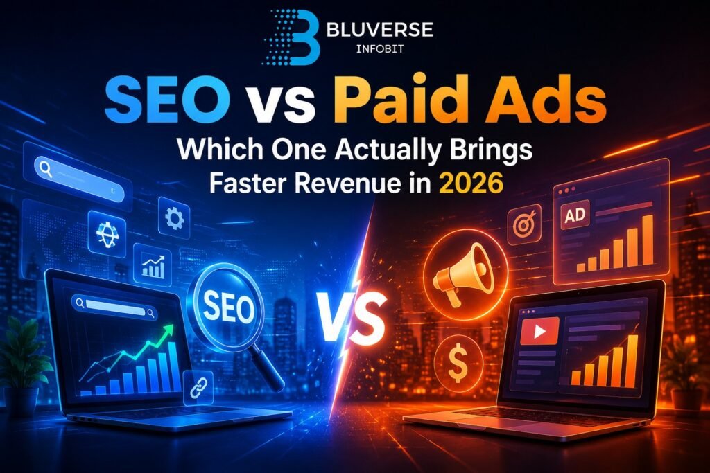 Futuristic digital marketing comparison banner showing SEO and Paid Ads strategies with glowing analytics dashboards, revenue growth charts, and Bluverse Infobit branding highlighting faster business growth in 2026.