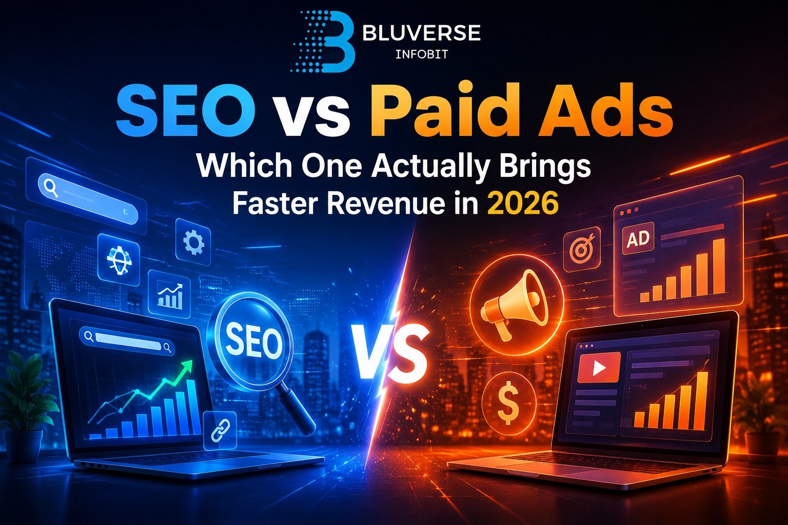 Futuristic digital marketing comparison banner showing SEO and Paid Ads strategies with glowing analytics dashboards, revenue growth charts, and Bluverse Infobit branding highlighting faster business growth in 2026.