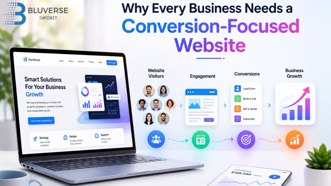 Modern business website conversion optimization illustration featuring a laptop displaying a professional website, connected to a visual customer journey from website visitors to engagement, conversions, and business growth. The image includes lead generation icons, conversion-focused website elements, growth analytics, and a clean, bright workspace with blue and purple accents. Large headline text reads, “Why Every Business Needs a Conversion-Focused Website,” highlighting the importance of turning website traffic into leads, sales, and business growth.