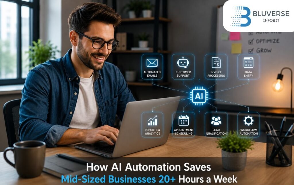 Modern AI automation illustration showing automated business workflows, productivity dashboards, data processing, and time-saving digital operations for mid-sized businesses.