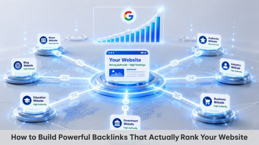 Modern SEO illustration showing website authority growth through backlink building, link connections, ranking improvement, and powerful backlinks organic traffic growth.