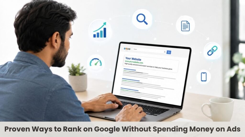 Illustration showing organic SEO strategies helping businesses rank on Google without paid advertising through content optimization, local SEO, backlinks, and website performance improvements.