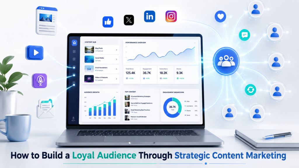Modern digital marketing illustration showing strategic content marketing, audience engagement, brand loyalty, and organic business growth across multiple content channels.