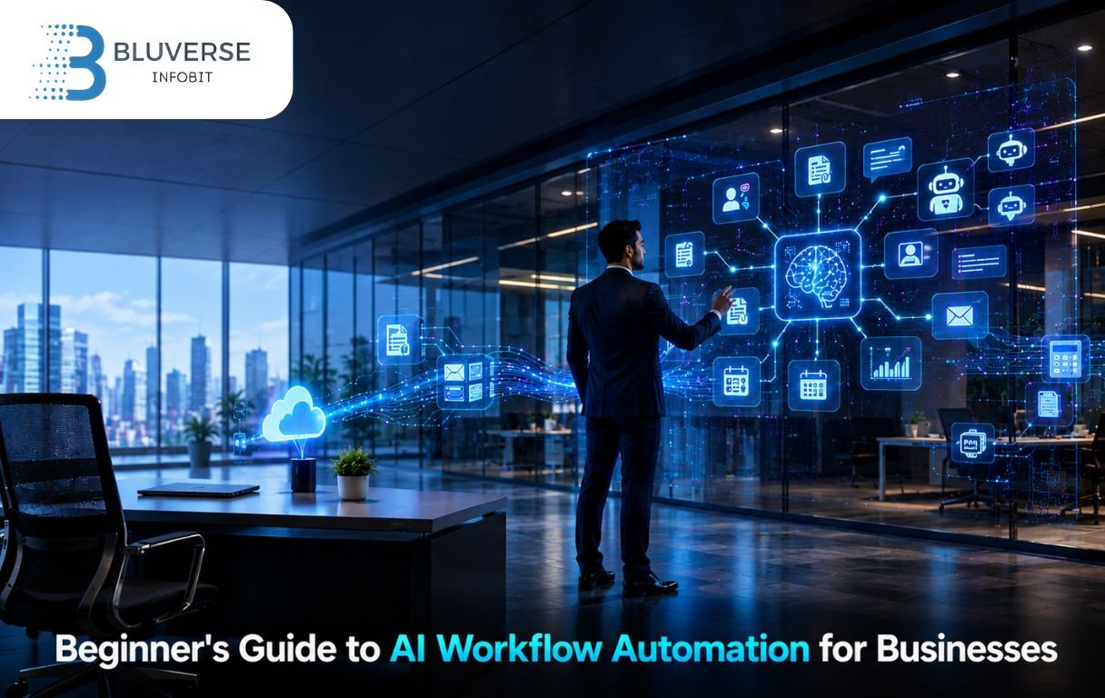 Business professional using AI workflow automation dashboard to automate business processes and improve productivity.