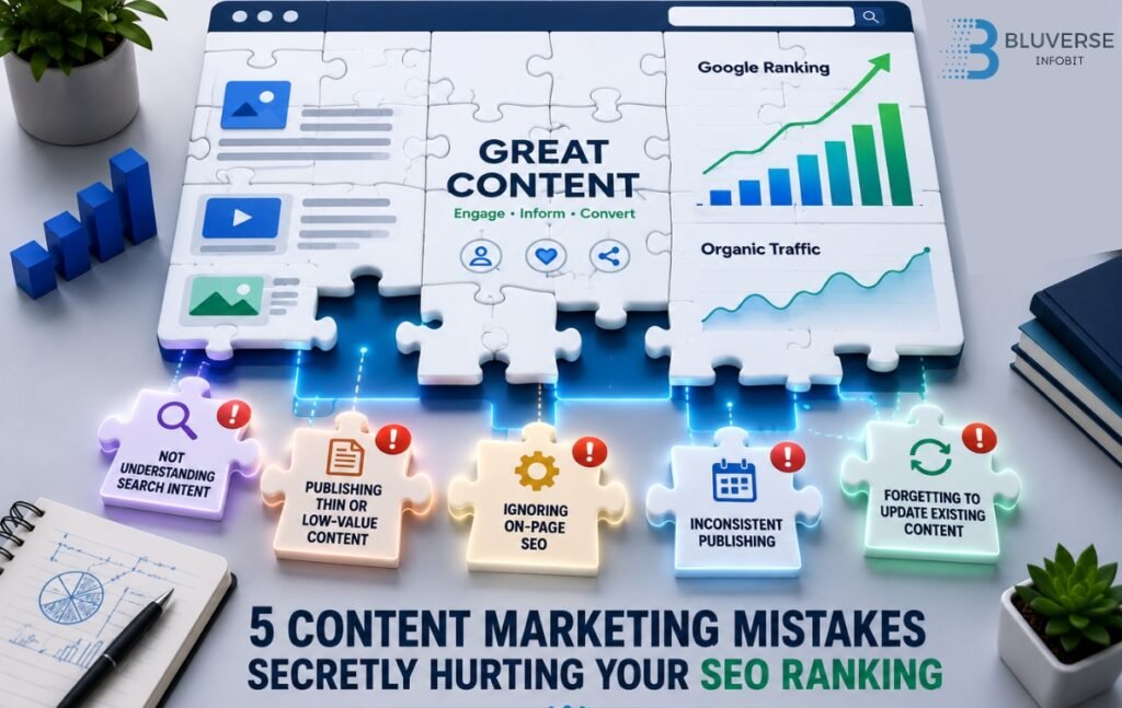 Creative puzzle-style illustration showing five common content marketing mistakes affecting SEO rankings with website analytics, search optimization elements, and organic traffic growth.