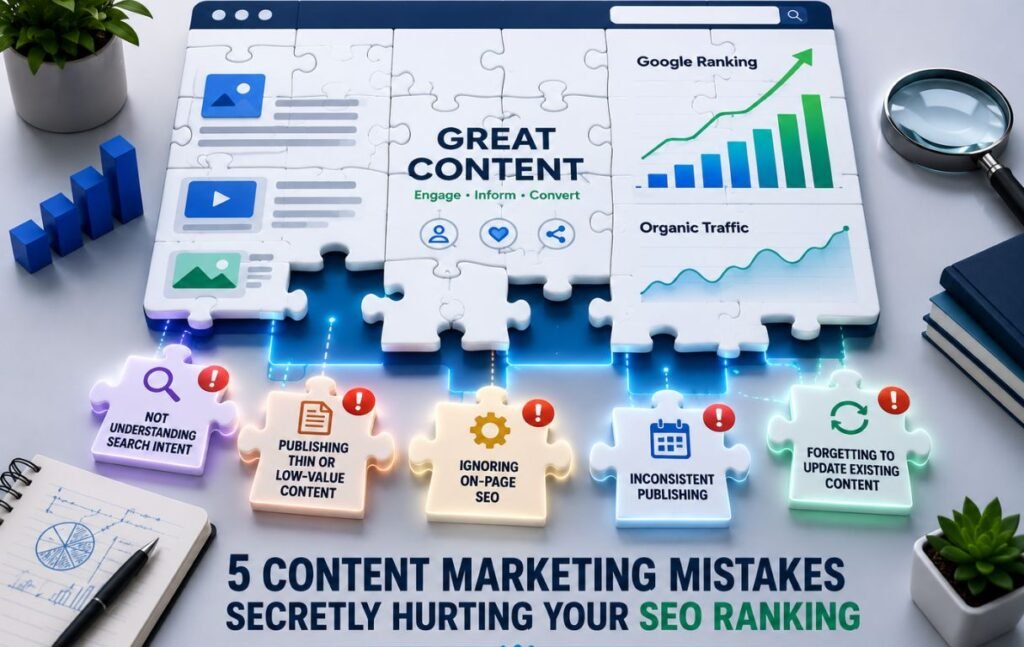 Creative puzzle-style illustration showing five common content marketing mistakes affecting SEO rankings with website analytics, search optimization elements, and organic traffic growth.