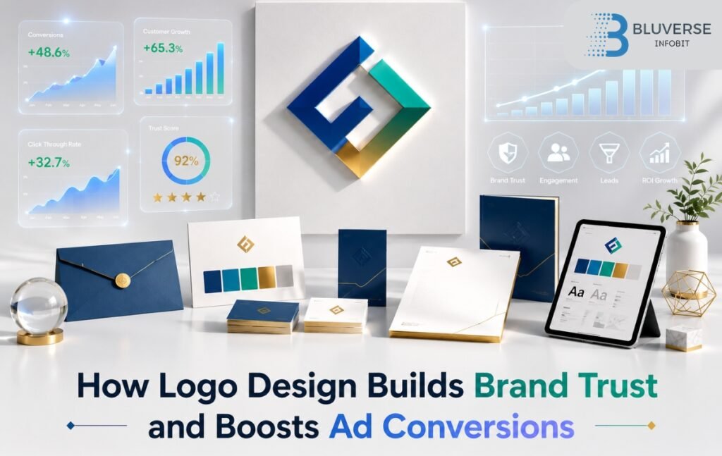 Premium brand identity presentation featuring logo design elements, branding materials, and marketing analytics illustrating how strong branding builds trust and improves ad conversions.
