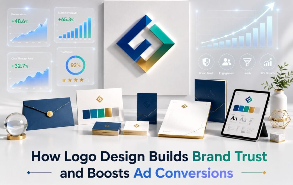 Premium brand identity presentation featuring logo design elements, branding materials, and marketing analytics illustrating how strong branding builds trust and improves ad conversions.