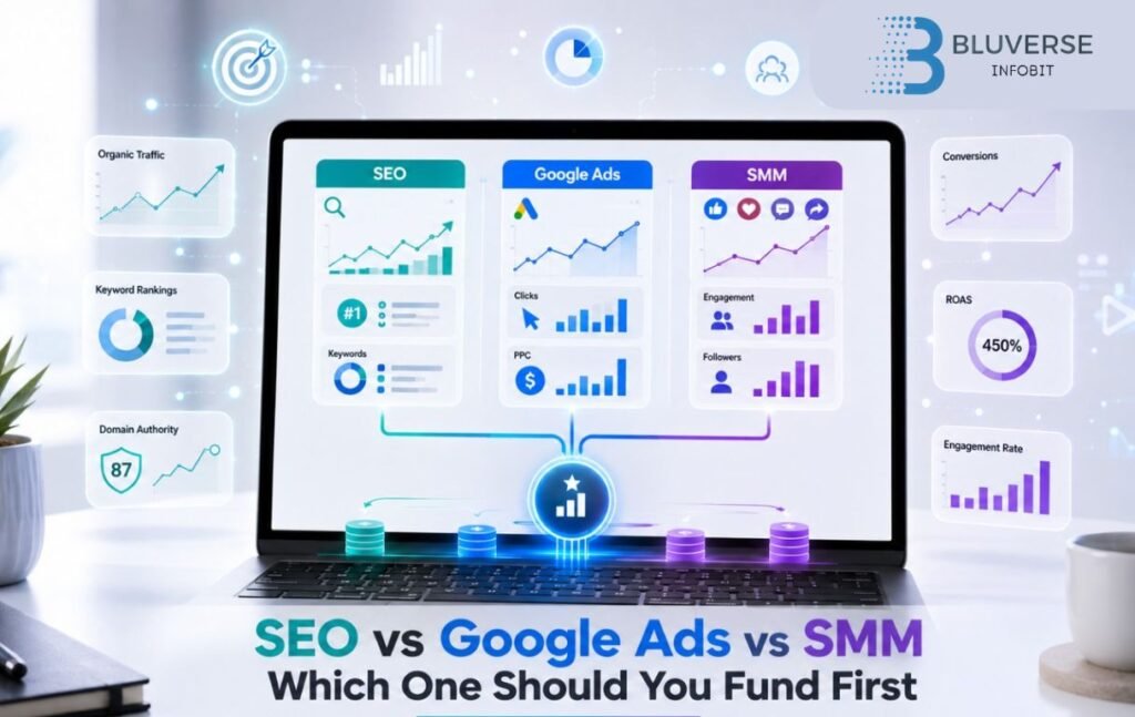 Modern laptop displaying a digital marketing dashboard comparing SEO, Google Ads, and social media marketing with analytics charts, traffic metrics, and ROI indicators.