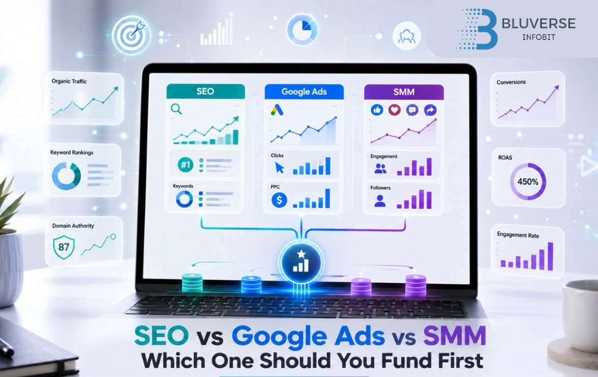 Modern laptop displaying a digital marketing dashboard comparing SEO, Google Ads, and social media marketing with analytics charts, traffic metrics, and ROI indicators.