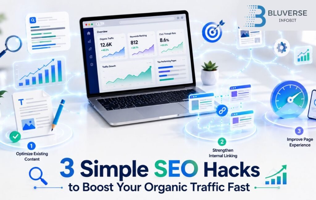 Illustration of SEO optimization strategies showing website growth, internal linking, faster page speed, and increased organic search traffic.